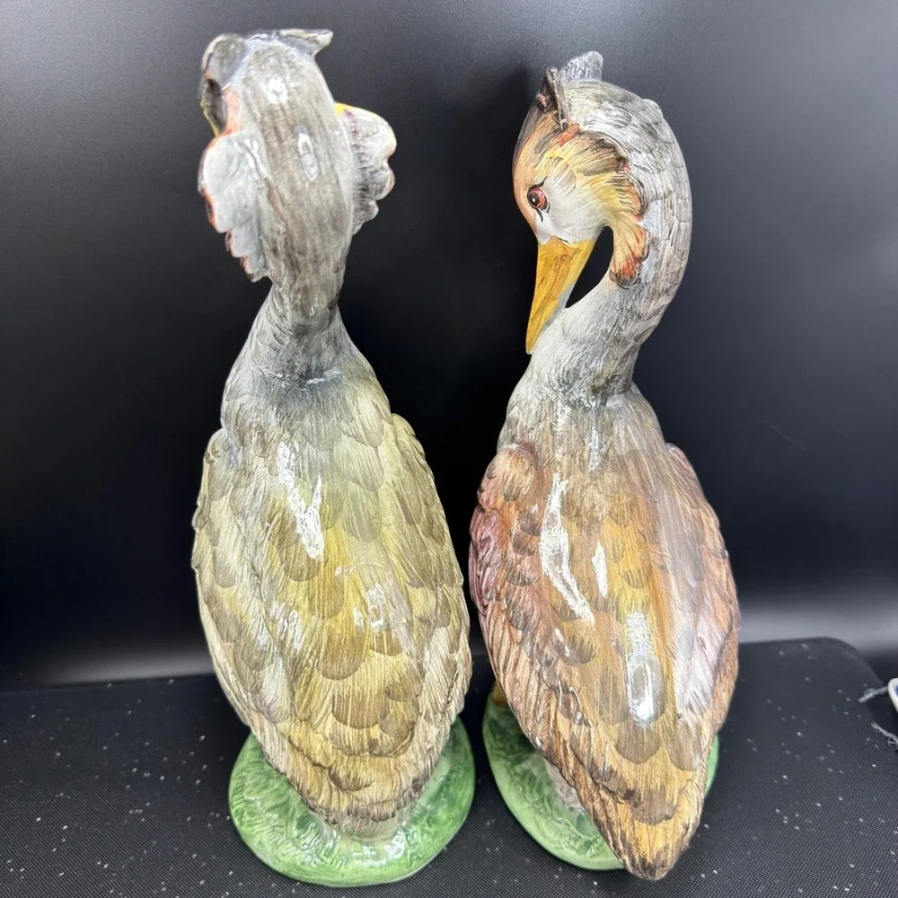 Italian Grebe Water Bird Figurines Set Majolica Stork Crane Hand Painted Italy